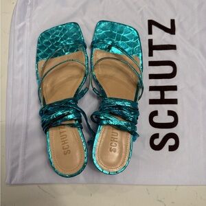 SCHUTZ Metallic Blue Strappy Sandals